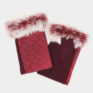 Red Quilted Faux Fur Trimmed Fingerless Gloves